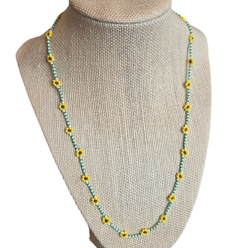 Roxanne Assoulin Necklace Flower Bead Yellow Green Lightweight Kidcore Colorful